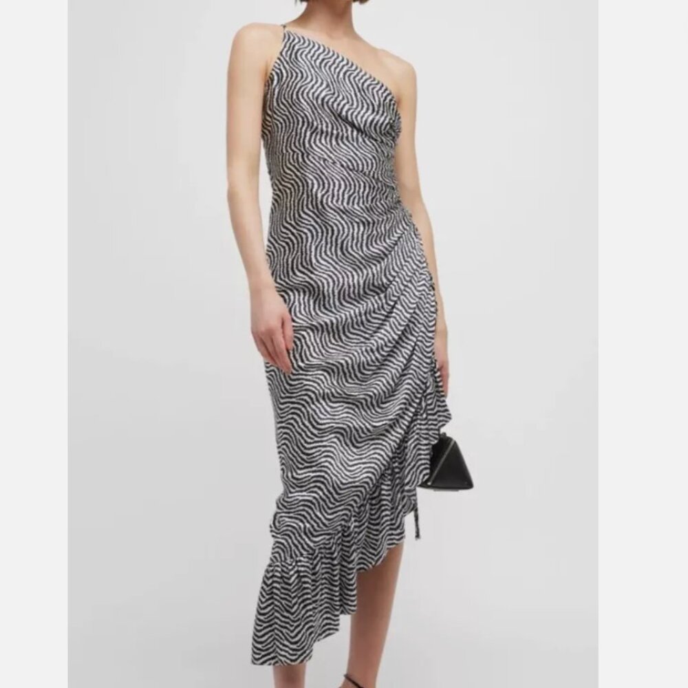 cinq a sept One-Shoulder Asymmetrical Black and White Wave Dress